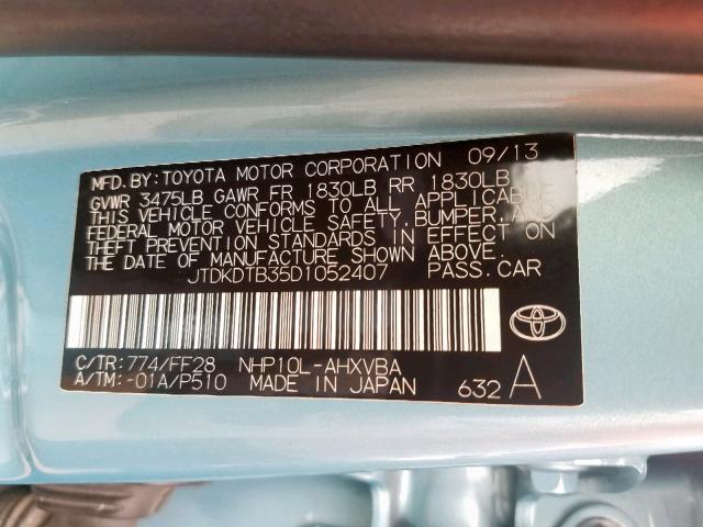 JTDKDTB35D1052407 - 2013 TOYOTA PRIUS C TURQUOISE photo 10