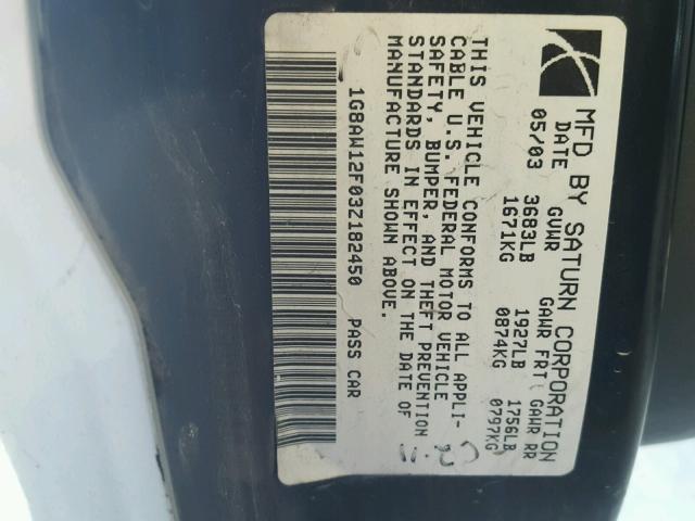 1G8AW12F03Z182450 - 2003 SATURN ION LEVEL SILVER photo 10