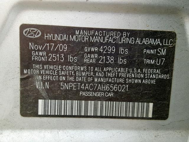 5NPET4AC7AH656021 - 2010 HYUNDAI SONATA GLS SILVER photo 10