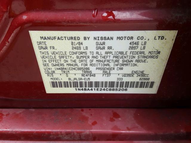 1N4BA41E24C885206 - 2004 NISSAN MAXIMA SE RED photo 10