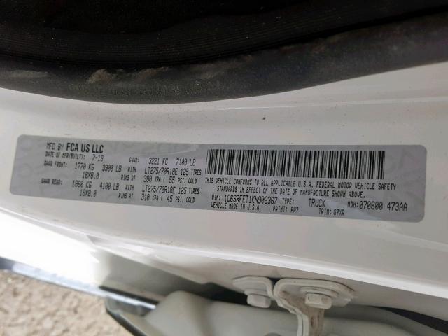 1C6SRFET1KN906367 - 2019 RAM 1500 REBEL თეთრი ფოტო 10