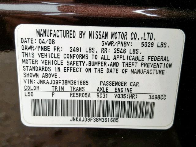 JNKAJ09F38M361685 - 2008 INFINITI EX35 BASE BROWN photo 10