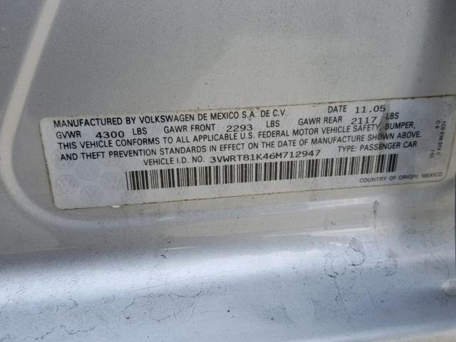 3VWRT81K46M712947 - 2006 VOLKSWAGEN JETTA TDI SILVER photo 10