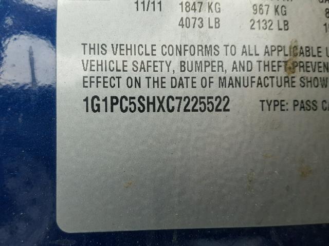 1G1PC5SHXC7225522 - 2012 CHEVROLET CRUZE LS BLUE photo 10