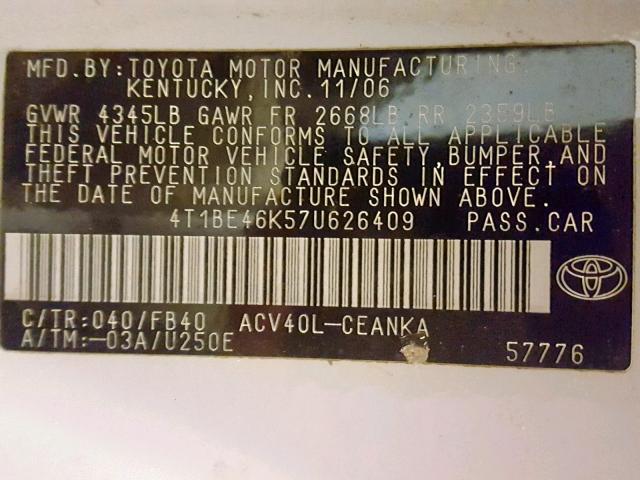 4T1BE46K57U626409 - 2007 TOYOTA CAMRY NEW WHITE photo 10