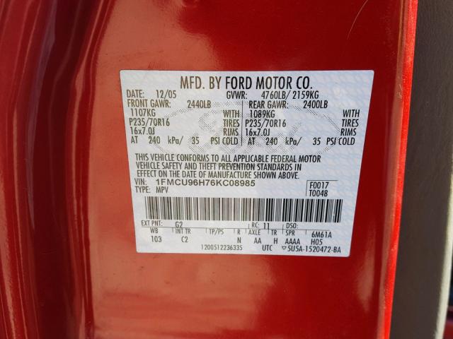 1FMCU96H76KC08985 - 2006 FORD ESCAPE HEV RED photo 10