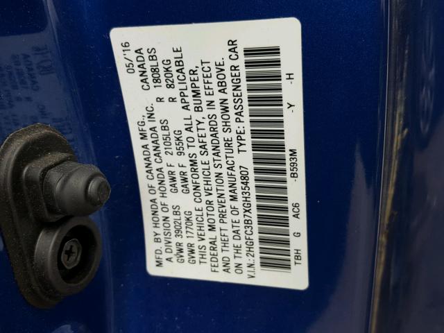 2HGFC3B7XGH354807 - 2016 HONDA CIVIC EXL BLUE photo 10