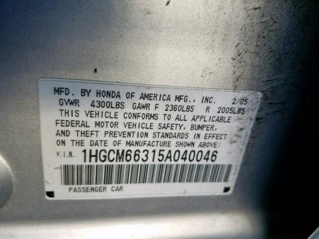 1HGCM66315A040046 - 2005 HONDA ACCORD LX SILVER photo 10