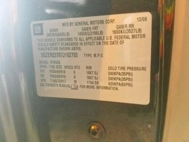 5GZER23767J102793 - 2007 SATURN OUTLOOK XR ნაცრისფერი ფოტო 10