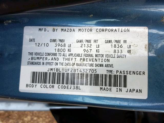 JM1BL1UF2B1432705 - 2011 MAZDA 3 I BLUE photo 10