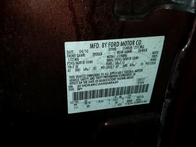 2FMDK4KC2ABB45420 - 2010 FORD EDGE LIMIT BROWN photo 10