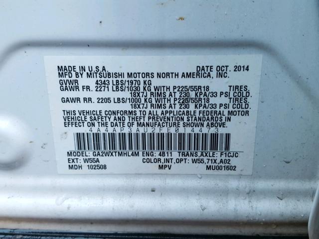 4A4AP3AU2FE014473 - 2015 MITSUBISHI OUTLANDER WHITE photo 10