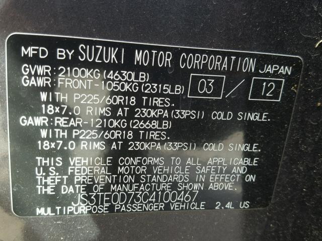 JS3TE0D73C4100467 - 2012 SUZUKI GRAND VITA GRAY photo 10