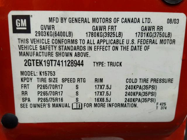 2GTEK19T741128944 - 2004 GMC NEW SIERRA RED photo 10