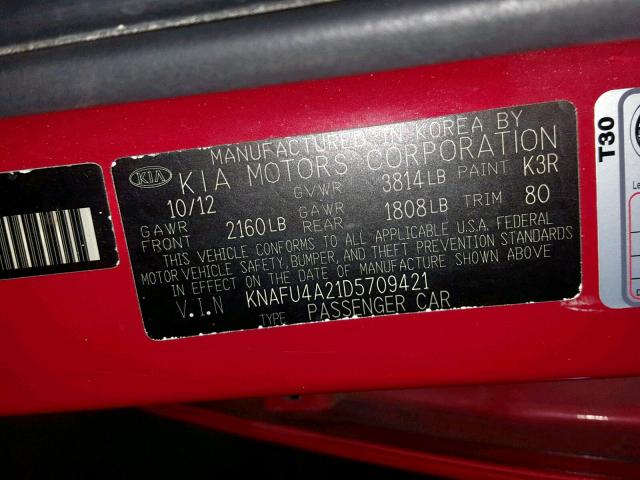 KNAFU4A21D5709421 - 2013 KIA FORTE EX RED photo 10