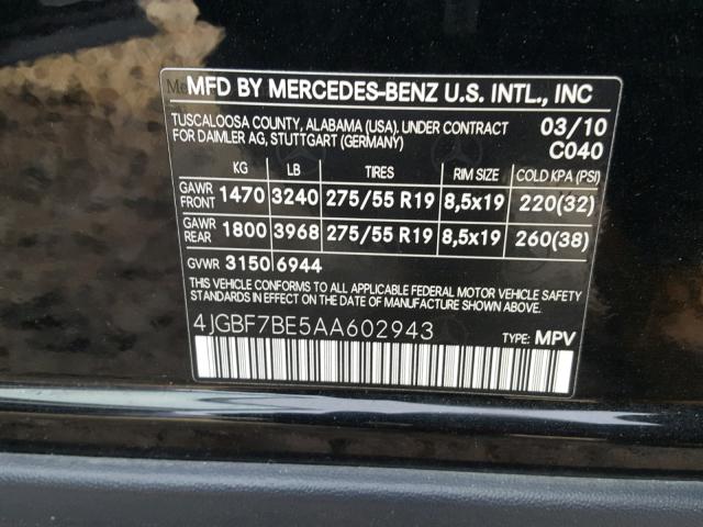 4JGBF7BE5AA602943 - 2010 MERCEDES-BENZ GL 450 4MA BLACK photo 10