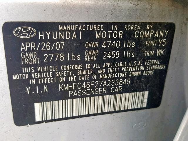 KMHFC46F27A233849 - 2007 HYUNDAI AZERA SE SILVER photo 10