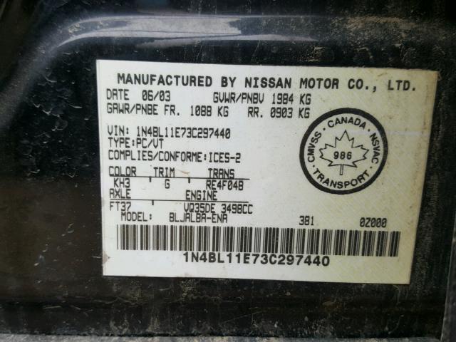 1N4BL11E73C297440 - 2003 NISSAN ALTIMA SE BLACK photo 10