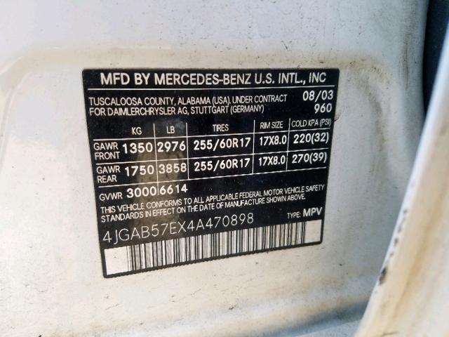 4JGAB57EX4A470898 - 2004 MERCEDES-BENZ ML 350 WHITE photo 10