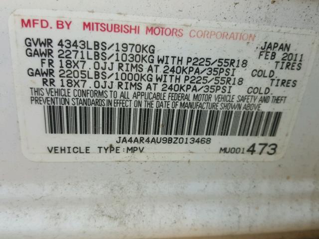 JA4AR4AU9BZ013468 - 2011 MITSUBISHI OUTLANDER WHITE photo 10