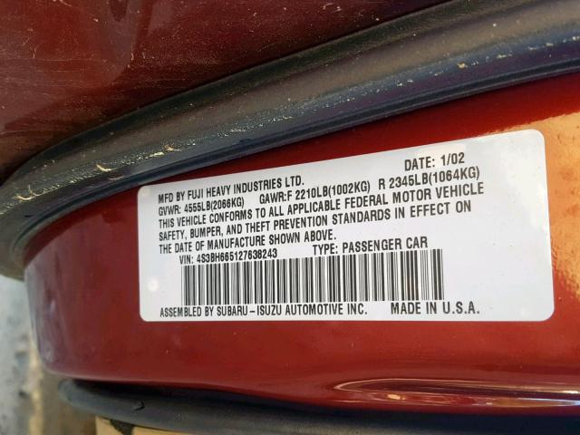 4S3BH665127638243 - 2002 SUBARU LEGACY OUT RED photo 10