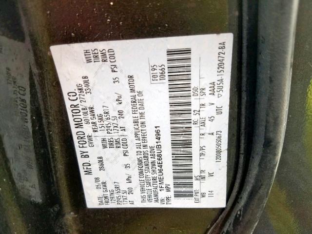 1FMEU64E68UB14961 - 2008 FORD EXPLORER E GRAY photo 10