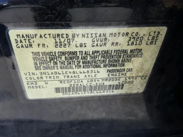 3N1AB61E48L668316 - 2008 NISSAN SENTRA 2.0 BLACK photo 10