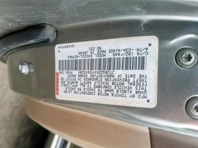 JT2BG22K4Y0445294 - 2000 TOYOTA CAMRY CE SILVER photo 10