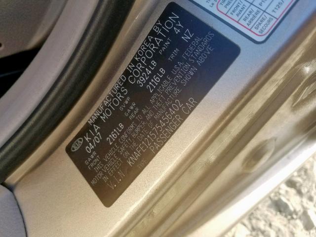 KNAFE121575456402 - 2007 KIA SPECTRA EX GOLD photo 10