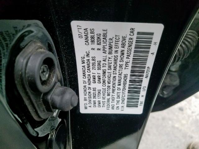 2HGFC1F70HH654095 - 2017 HONDA CIVIC EXL 黑色 照片 10