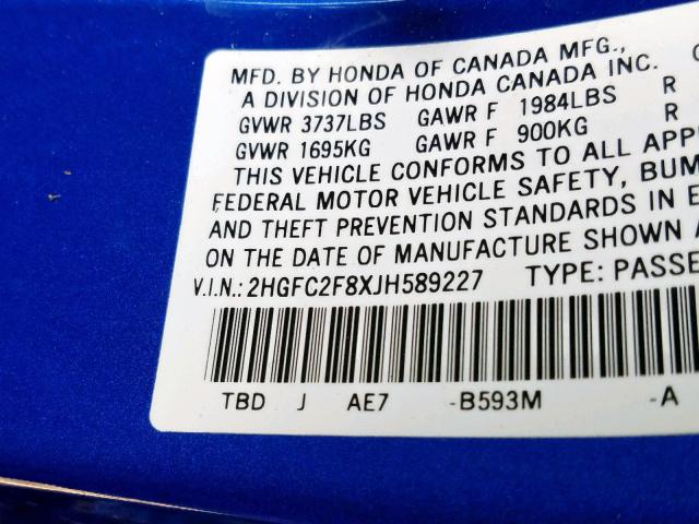 2HGFC2F8XJH589227 - 2018 HONDA CIVIC EX BLUE photo 10