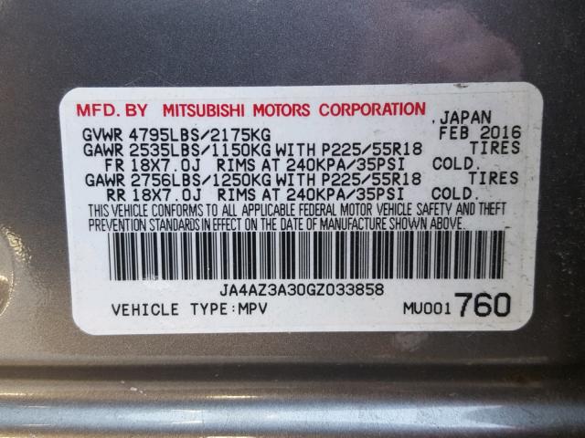 JA4AZ3A30GZ033858 - 2016 MITSUBISHI OUTLANDER GRAY photo 10