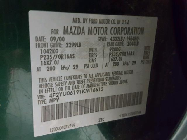 4F2YU06191KM16612 - 2001 MAZDA TRIBUTE DX 绿色 照片 10