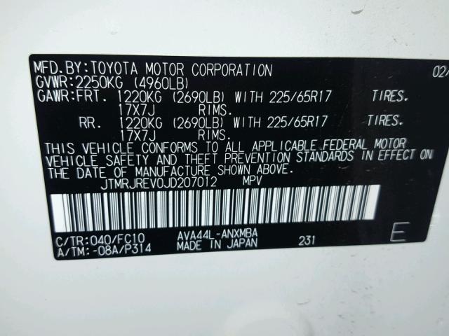 JTMRJREV0JD207012 - 2018 TOYOTA RAV4 HV LE WHITE photo 10