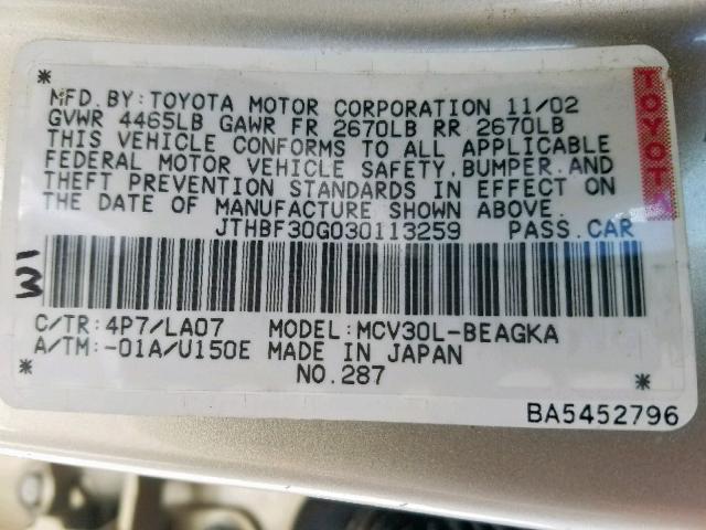 JTHBF30G030113259 - 2003 LEXUS ES 300 GOLD photo 10