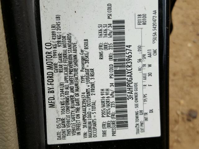 3FAHP0GAXCR396574 - 2012 FORD FUSION S BLACK photo 10