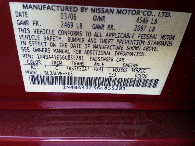 1N4BA41E56C855281 - 2006 NISSAN MAXIMA SE RED photo 10