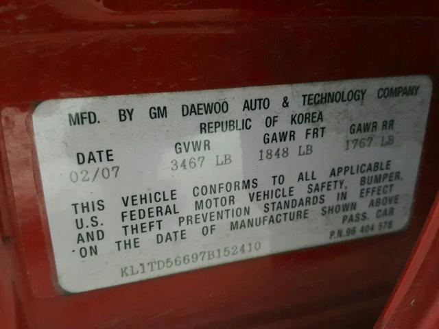 KL1TD56697B152410 - 2007 CHEVROLET AVEO BASE Tünd qırmızı foto 10