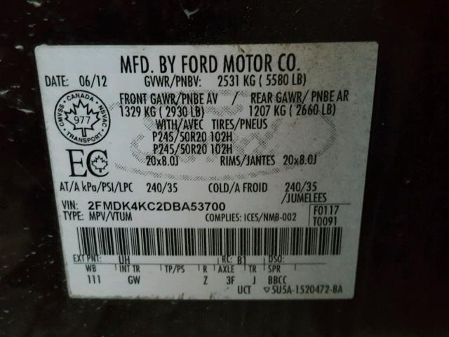 2FMDK4KC2DBA53700 - 2013 FORD EDGE LIMIT BLACK photo 10