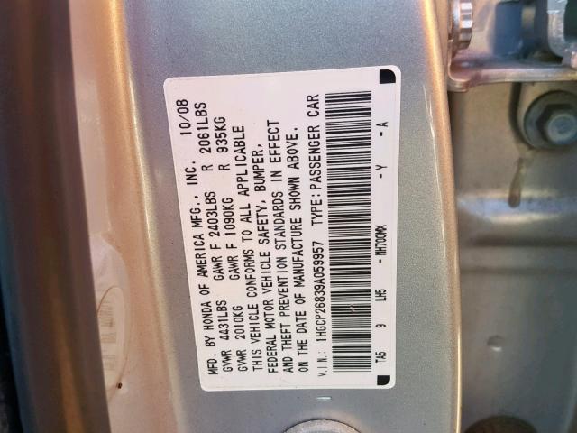 1HGCP26839A059957 - 2009 HONDA ACCORD EXL SILVER photo 10