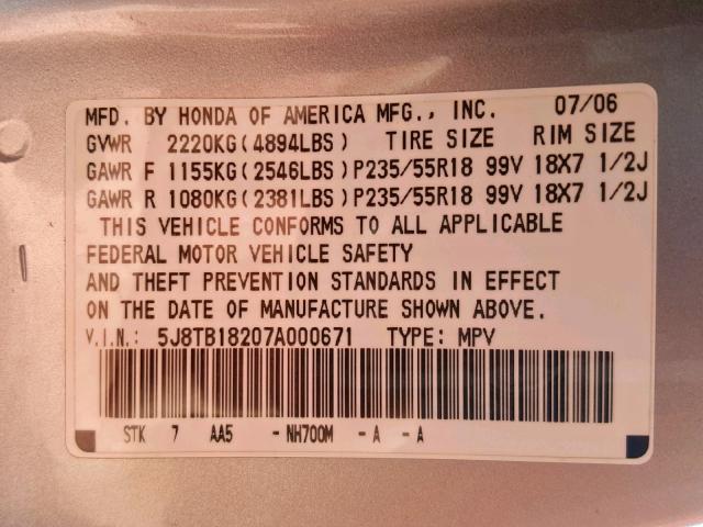 5J8TB18207A000671 - 2007 ACURA RDX SILVER photo 10