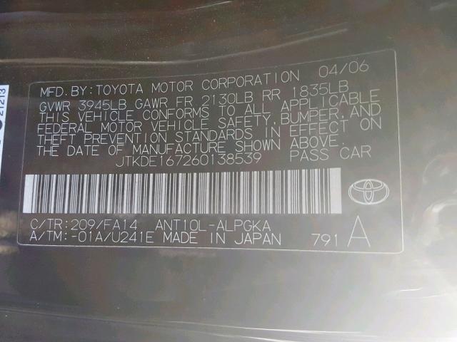 JTKDE167260138539 - 2006 TOYOTA SCION TC შავი ფოტო 10