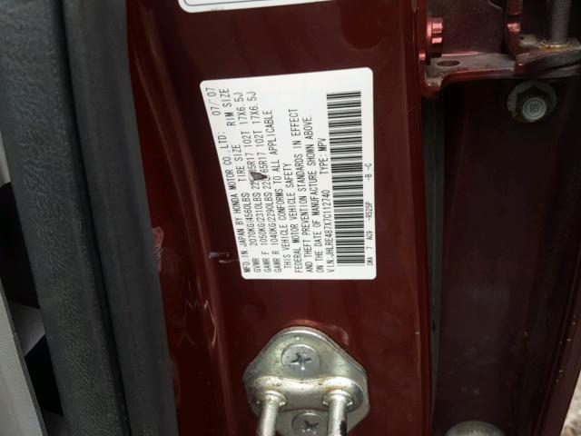 JHLRE487X7C112740 - 2007 HONDA CR-V EXL BURGUNDY photo 10