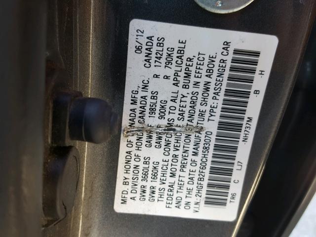 2HGFB2F60CH583070 - 2012 HONDA CIVIC HF GRAY photo 10