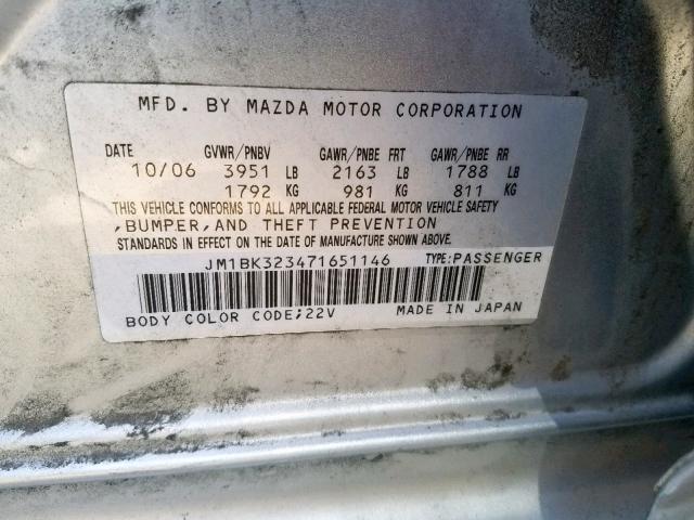 JM1BK323471651146 - 2007 MAZDA 3 S SILVER photo 10