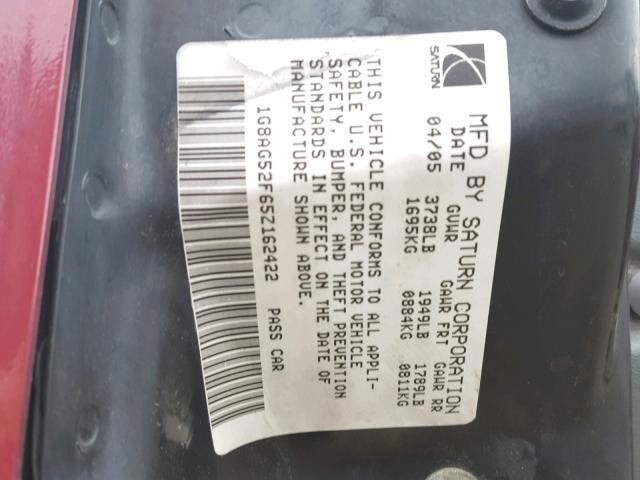 1G8AG52F65Z162422 - 2005 SATURN ION LEVEL MAROON photo 10