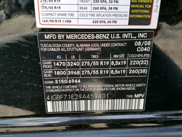 4JGBF71E29A459401 - 2009 MERCEDES-BENZ GL 450 4MA BLACK photo 10