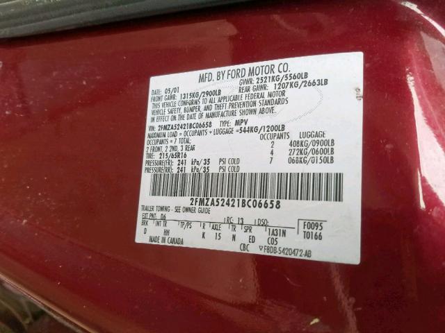 2FMZA52421BC06658 - 2001 FORD WINDSTAR S MAROON photo 10