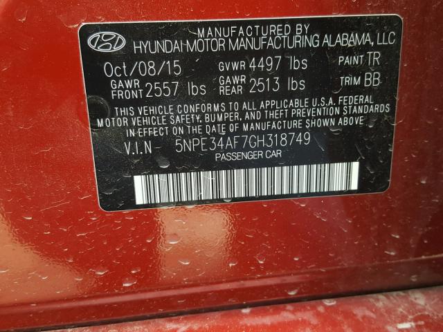 5NPE34AF7GH318749 - 2016 HYUNDAI SONATA SPO RED photo 10