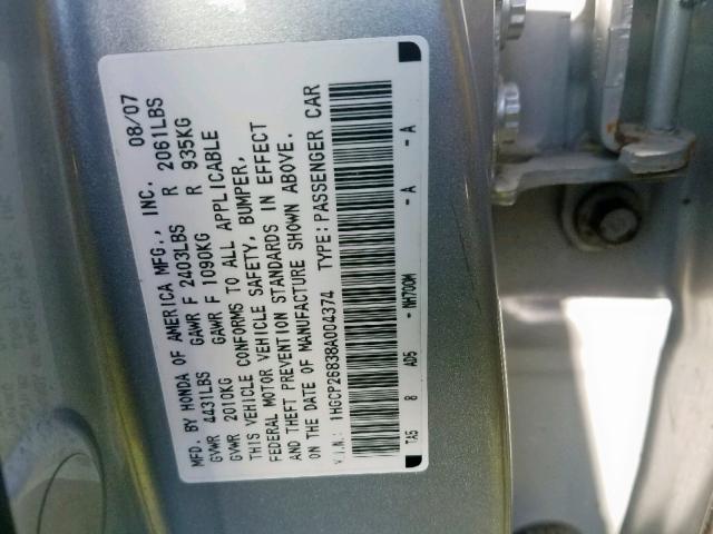 1HGCP26838A004374 - 2008 HONDA ACCORD EXL SILVER photo 10